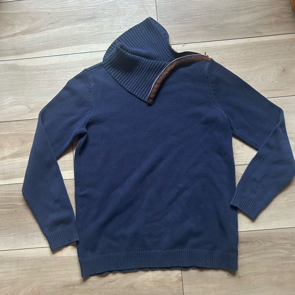 Charter Club men's Navy Half-Zip Sweater with Brown Trim - medium cotton blend
